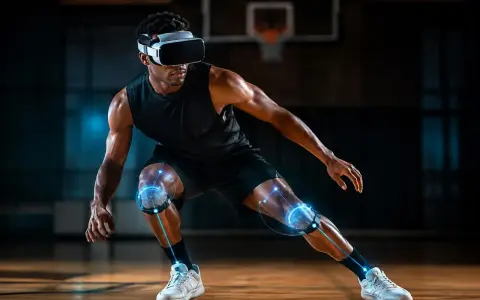 Atleta in VR, con sensori sui ginocchi che mappano i fusi neuromuscolari per un allenamento ottimizzato.