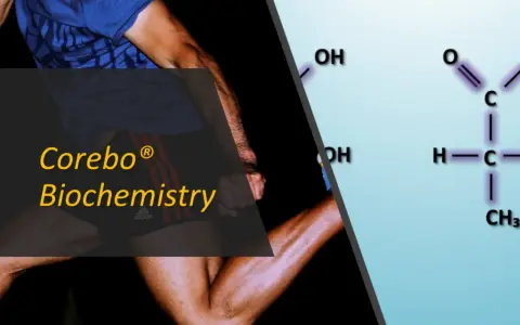 Atleta in corsa, con formula chimica dell'acido lattico. Corebo Biochemistry aiuta a prevenire acido lattico.