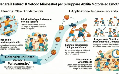 Illustrazione che mostra bambini che sviluppano **abilità motorie** giocando a basket, con enfasi su controllo del corpo, equilibrio e apprendimento ludico.