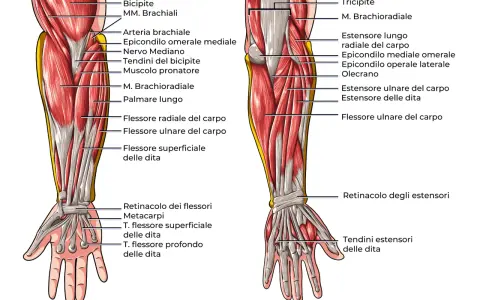 Anatomia del braccio con dettagli sui muscoli dell'avambraccio, tendini e ossa. Vista anteriore e posteriore.
