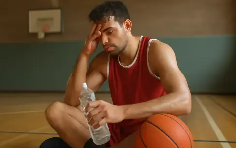 Giocatore di basket esausto, con pallone e bottiglia d'acqua, pensa al suo apporto proteico per recuperare.