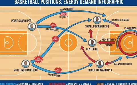 Infografica sulle posizioni nel basket e il loro fabbisogno energetico. Le frecce blu indicano movimento, i marcatori rossi intensità.