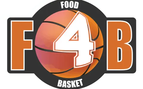 Logo "Food 4 Basket" con palla da basket e numero 4. Un invito a un sano introito calorico per gli atleti.