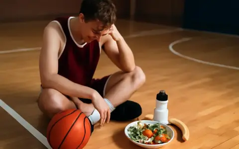Giovane giocatore di basket seduto sul campo, esausto, con pallone, insalata e banana. Potrebbe soffrire di **overtraining sintomi**.