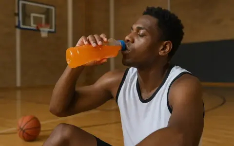 Giocatore di basket si disseta con una bevanda sportiva arancione in palestra. Un modo efficace per capire come idratarsi dopo l'allenamento.