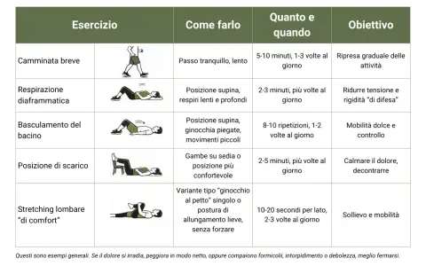 Tabella con esercizi per alleviare i dolori schiena: camminata, respirazione diaframmatica, basculamento bacino, posizione di scarico e stretching.
