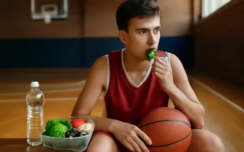 Giovane giocatore di basket mangia verdure, pensando a quali carboidrati sono essenziali per la sua energia.