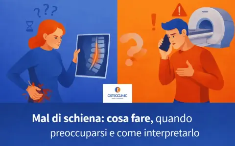 Donna con dolore alla schiena che scrocchia zona lombare guarda una radiografia. Uomo al telefono con risonanza magnetica sullo sfondo.