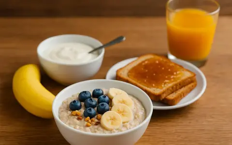 Colazione nutriente per ultra trail: porridge con frutta, yogurt, toast e succo d'arancia.