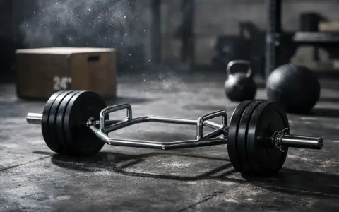 Barra esagonale con pesi, pronta per allenamenti di forza esplosiva. Kettlebell e palla medica sullo sfondo.