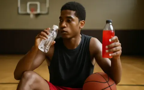 Giovane giocatore di basket, seduto sul parquet, beve da una bottiglia d'acqua e tiene in mano una bevanda rossa, essenziale per il recupero muscolare gambe dopo l'allenamento.