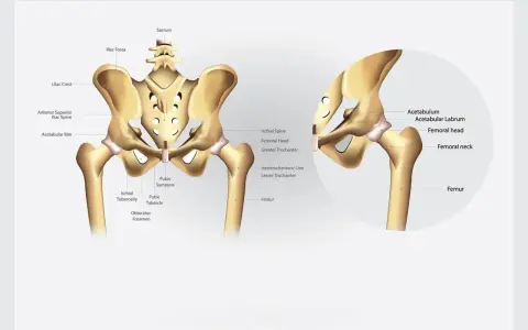 Illustrazione anatomica delle ossa del bacino, con dettagli su cresta iliaca, acetabolo e femore.