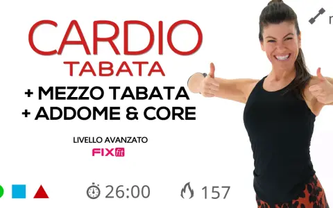 Allenamento CARDIO TABATA avanzato con focus su addominali e core. Durata 26 minuti, 157 calorie bruciate.