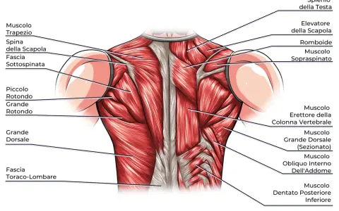 Dettaglio anatomico dei muscoli della schiena alta, con evidenziati trapezio, romboidi e sopraspinato.