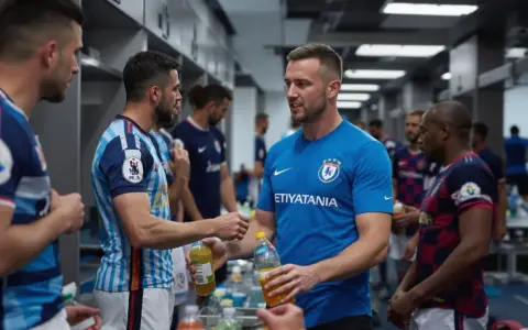 Giocatori di calcio si scambiano bevande energetiche, un ottimo modo per capire cosa bere prima di una partita di calcio.