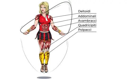 Illustrazione anatomica di una donna che fa salto con la corda, evidenziando i muscoli coinvolti: deltoidi, addominali, avambracci, quadricipiti e polpacci.