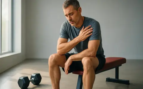 Uomo seduto in palestra, con mano sulla spalla dolente, dopo allenarsi con i DOMS. Pesi in primo piano.