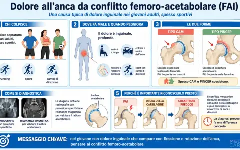 Il conflitto femoro-acetabolare causa dolore all'anca, specialmente in sportivi. Illustra le forme CAM e Pincer, diagnosi e conseguenze.