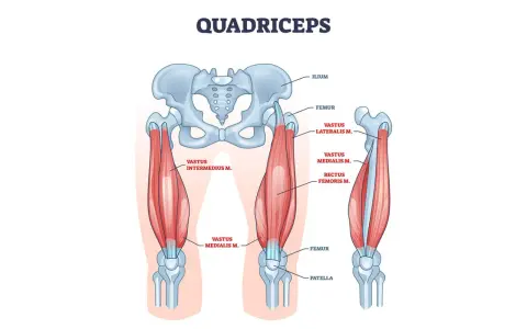 Illustrazione anatomica dei muscoli delle cosce, evidenziando il quadricipite e le sue componenti: vasto laterale, mediale, intermedio e retto femorale.