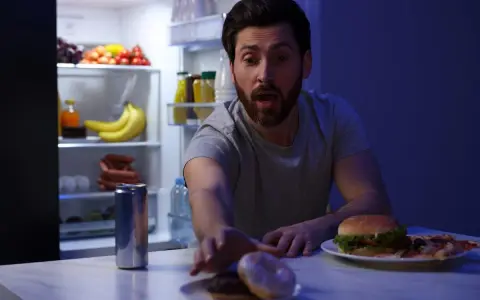 Uomo con espressione sorpresa allunga la mano verso ciambelle e pizza, con il frigorifero aperto alle sue spalle, una tentazione notturna che sfida la finestra metabolica.