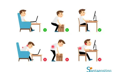 Postura corretta per evitare la schiena bloccata: seduti dritti, sollevando pesi correttamente. Evitare posture scorrette al computer o sollevando oggetti.