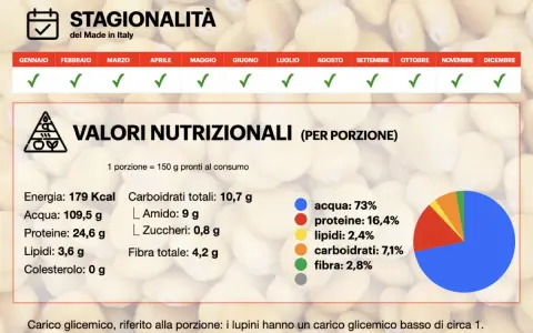 Lupini: legumi con più proteine (24,6g/porzione), stagionalità e valori nutrizionali.