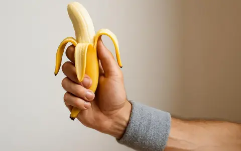 Una mano con polsino grigio tiene una banana sbucciata, pronta per la banana prima della partita.