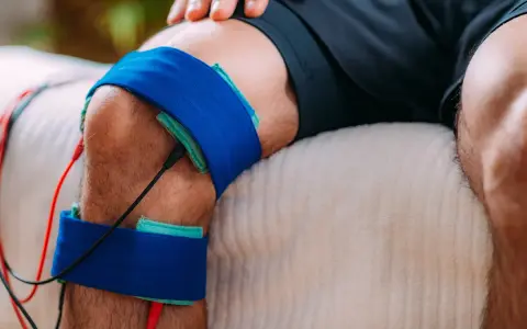 Gamba con elettrodi per elettroterapia antalgica. Un uomo si sottopone a trattamento per alleviare il dolore al ginocchio.
