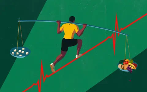 Un atleta corre su una linea che rappresenta un elettrocardiogramma, bilanciando pillole e cibo sano. Quante uova si possono mangiare al giorno?