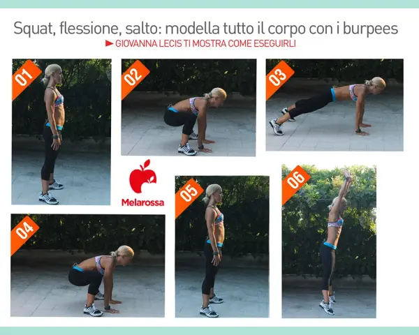 Giovanna Lecis mostra i passaggi per eseguire i mezzi burpees, un esercizio completo per modellare il corpo.