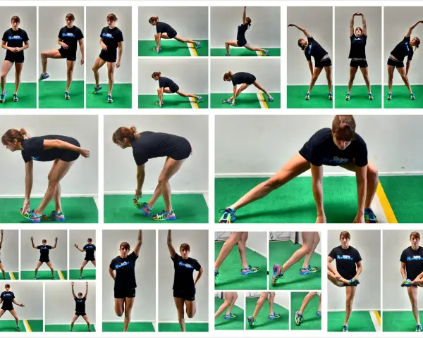 Collage di esercizi di stretching statico: affondi, torsioni, piegamenti e allungamenti delle gambe.