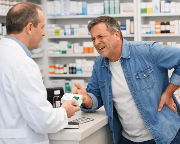 Farmacista consegna farmaco a uomo con mal di schiena, preoccupato per la terapia del dolore schiena effetti collaterali.