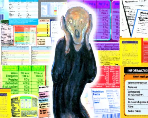 L'Urlo di Munch circondato da etichette nutrizionali, un grido contro l'eccesso di carboidrati di cui zuccheri.
