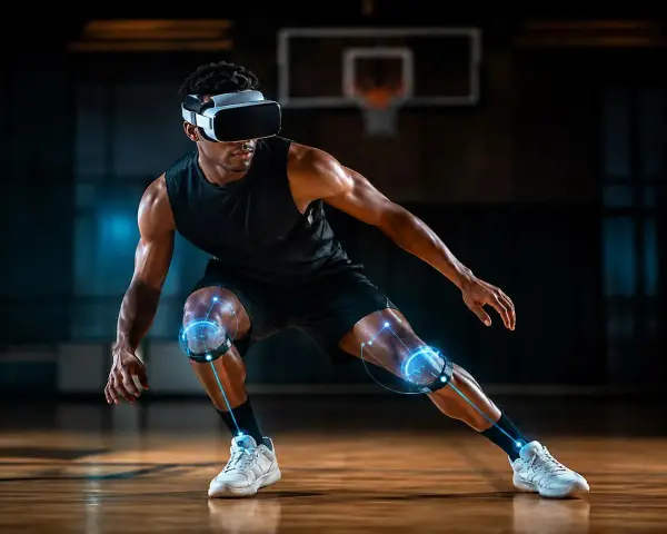Atleta in VR, con sensori sui ginocchi che mappano i fusi neuromuscolari per un allenamento ottimizzato.