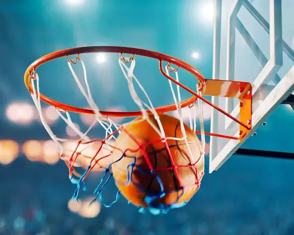 Un canestro di pallacanestro con la palla che entra nella retina. Un'immagine che evoca la soddisfazione di raggiungere il proprio fabbisogno nutrizionale giornaliero.