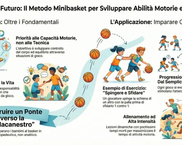 Illustrazione che mostra bambini che sviluppano **abilità motorie** giocando a basket, con enfasi su controllo del corpo, equilibrio e apprendimento ludico.