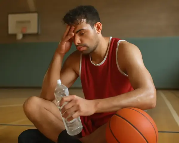 Giocatore di basket esausto, con pallone e bottiglia d'acqua, pensa al suo apporto proteico per recuperare.
