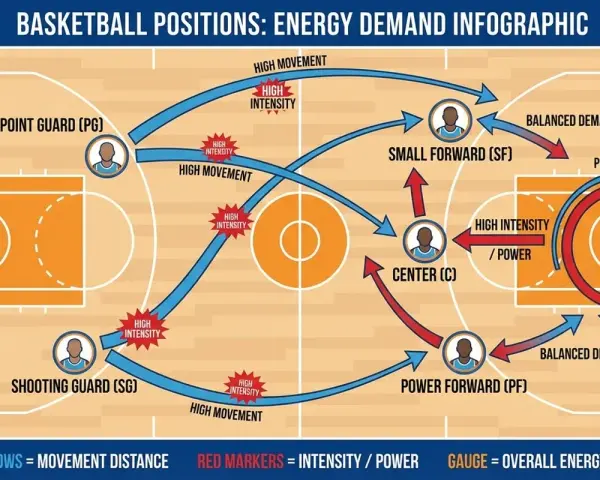Infografica sulle posizioni nel basket e il loro fabbisogno energetico. Le frecce blu indicano movimento, i marcatori rossi intensità.