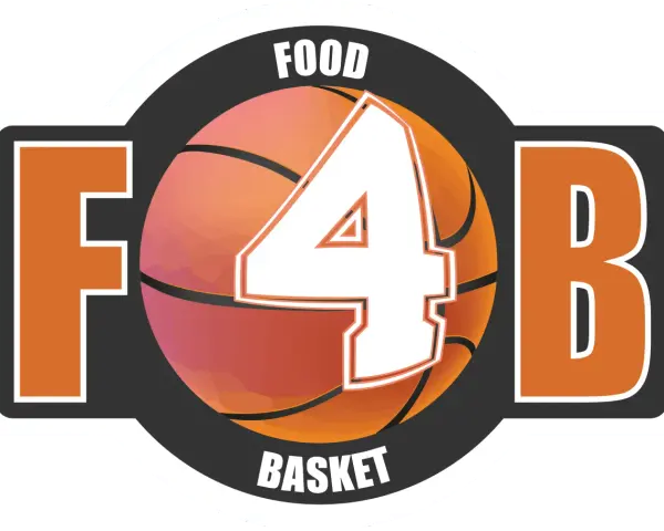 Logo "Food 4 Basket" con palla da basket e numero 4. Un invito a un sano introito calorico per gli atleti.