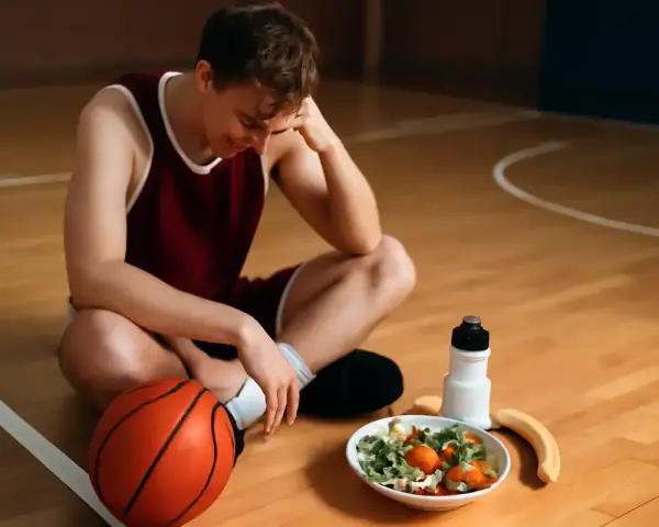Giovane giocatore di basket seduto sul campo, esausto, con pallone, insalata e banana. Potrebbe soffrire di **overtraining sintomi**.
