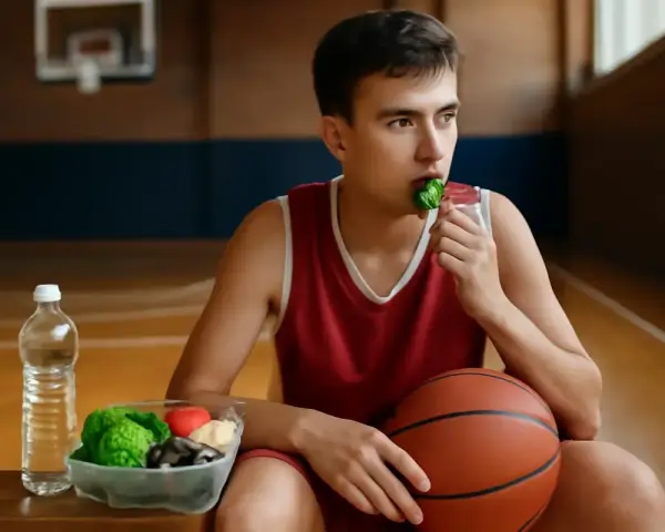 Giovane giocatore di basket mangia verdure, pensando a quali carboidrati sono essenziali per la sua energia.