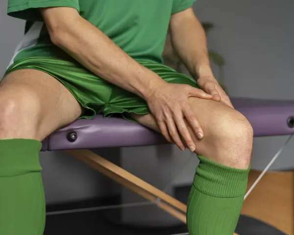 Atleta con ginocchio lasso, seduto su lettino da massaggio, con mani che stringono la gamba.