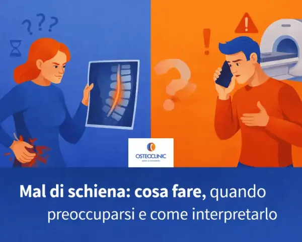Donna con dolore alla schiena che scrocchia zona lombare guarda una radiografia. Uomo al telefono con risonanza magnetica sullo sfondo.