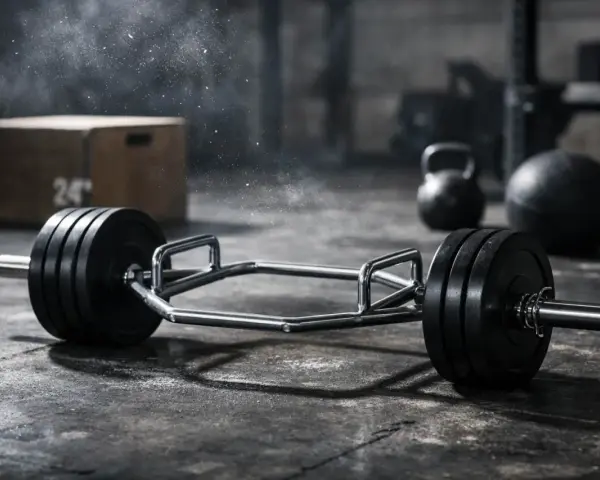 Barra esagonale con pesi, pronta per allenamenti di forza esplosiva. Kettlebell e palla medica sullo sfondo.