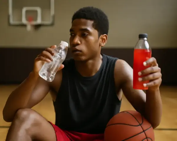 Giovane giocatore di basket, seduto sul parquet, beve da una bottiglia d'acqua e tiene in mano una bevanda rossa, essenziale per il recupero muscolare gambe dopo l'allenamento.