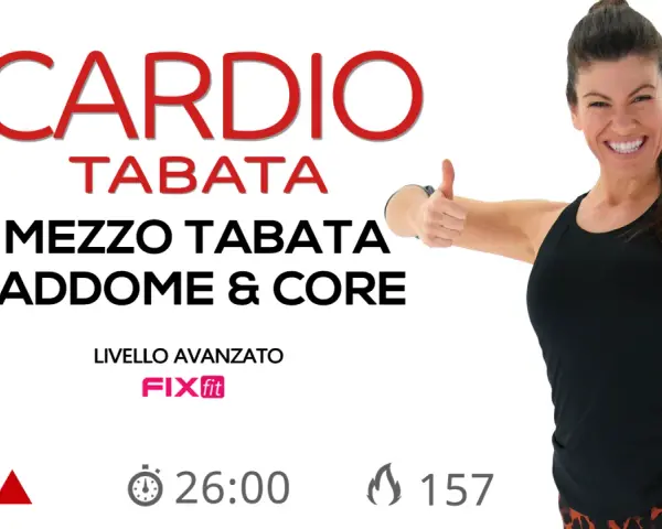 Allenamento CARDIO TABATA avanzato con focus su addominali e core. Durata 26 minuti, 157 calorie bruciate.