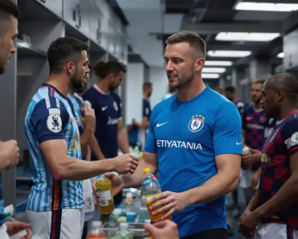 Giocatori di calcio si scambiano bevande energetiche, un ottimo modo per capire cosa bere prima di una partita di calcio.
