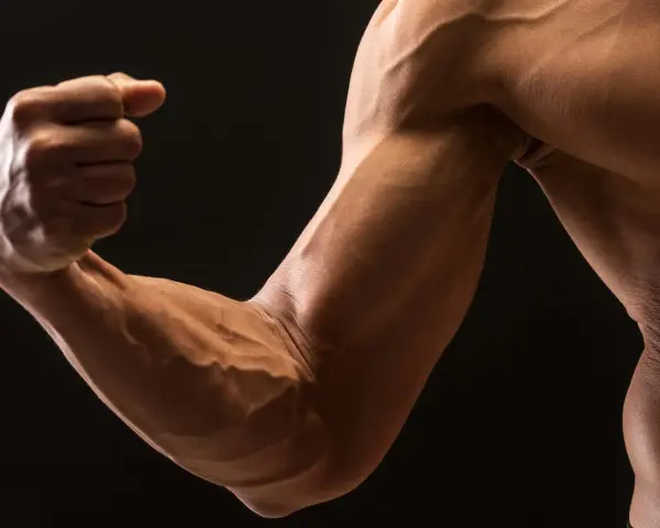 Muscoloso avambraccio in supinazione, con vene evidenti che disegnano la forma dei muscoli.