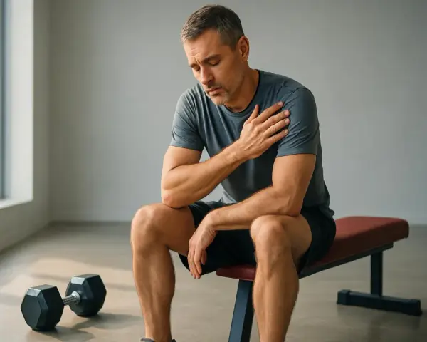 Uomo seduto in palestra, con mano sulla spalla dolente, dopo allenarsi con i DOMS. Pesi in primo piano.