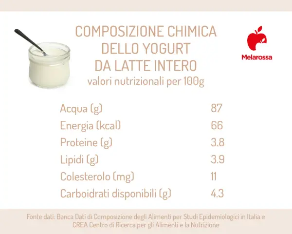 Composizione chimica dello yogurt da latte intero, con valori nutrizionali per 100g. Utile per capire quanti yogurt si possono mangiare al giorno.